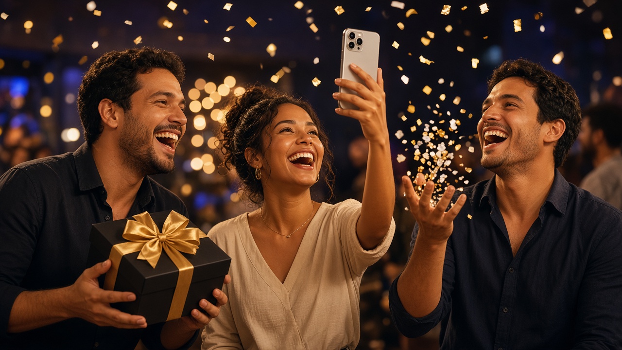 Pessoas felizes comemorando o prêmio do sorteio